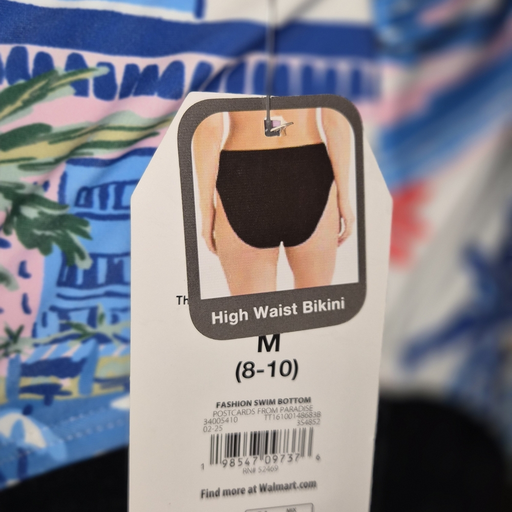 Nwt Time and Tru Blue Beach Palm Tree High Waist Bikini Bottom Med